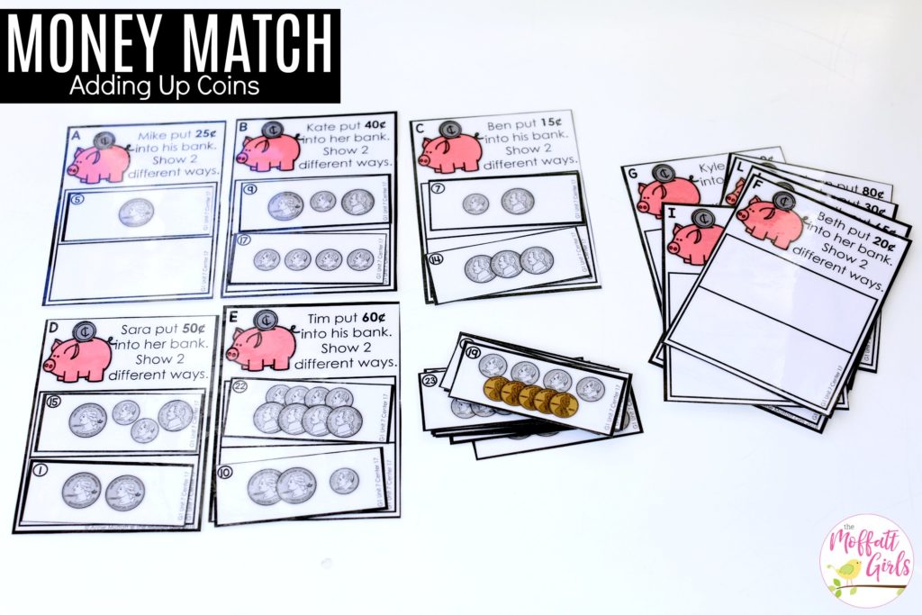 Money Match- Adding up coin values Money Match- Find the two cards that have matching values. First Grade math centers to teach coin values.