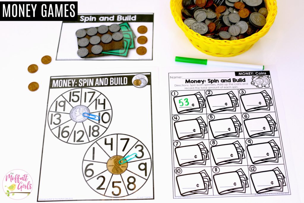 Money: Spin and Build first grade math center Money: Spin and Build- Spin both spinners, add the coins and write the value. Fun math center for first grade!