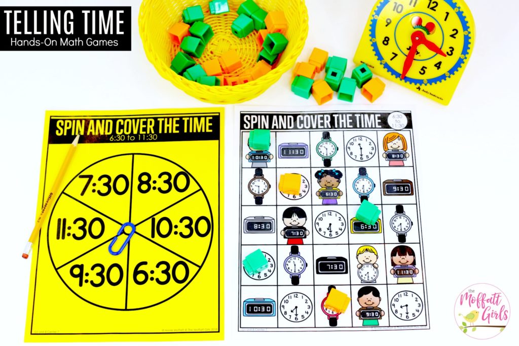 Spin and Cover the Time to the Half Hour Math Game Spin and Cover the Time- Teaching time to the half hour in First Grade is be fun and engaging with these hands-on math centers and practice sheets for 1st Grade!