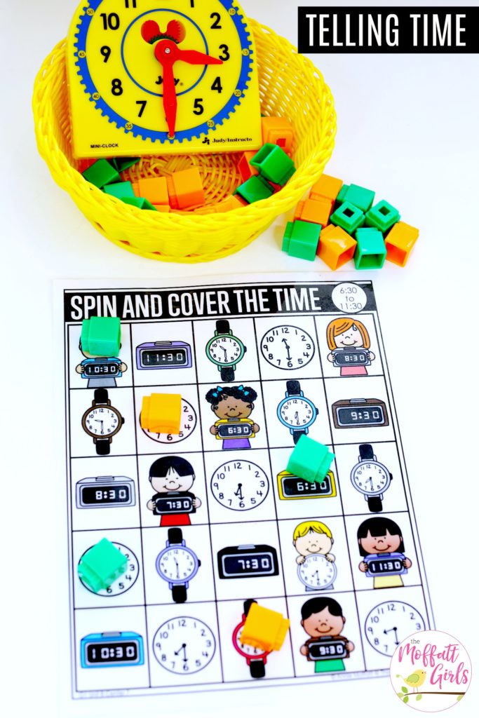 Spin and Cover the Time to the Half Hour Spin and Cover the Time- Teaching time to the half hour in First Grade is be fun and engaging with these hands-on math centers and practice sheets for 1st Grade!