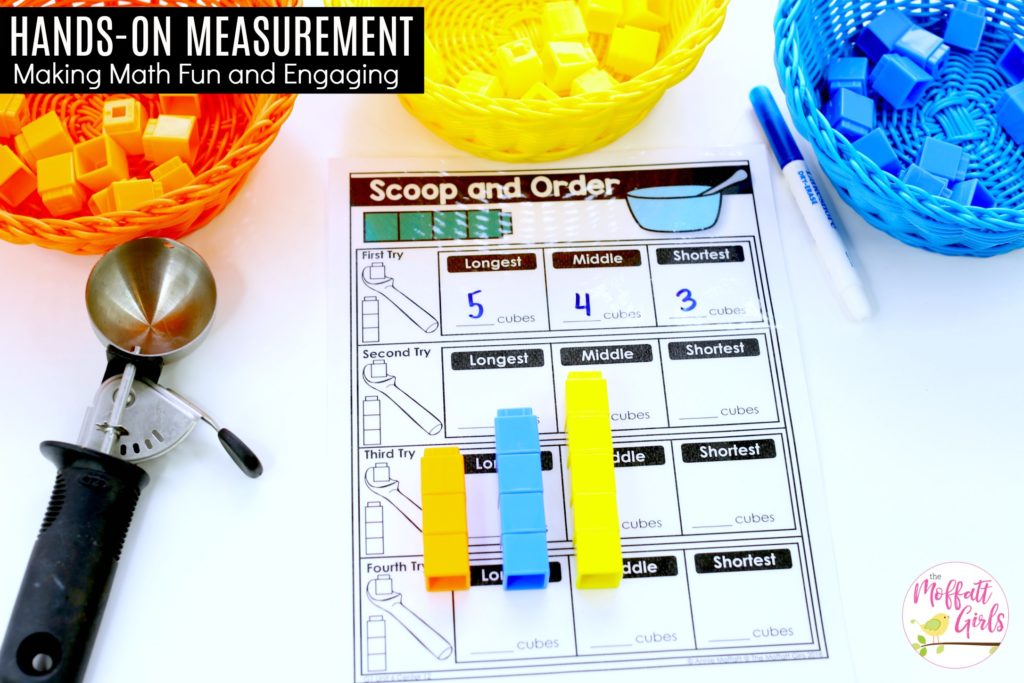 Scoop and Order math center with hands-on cubes to compare lengths Scoop and Order- Scoop the cubes, build, and compare heights- TONS of fun, hands-on math centers and worksheets to teach first grade students how to measure!