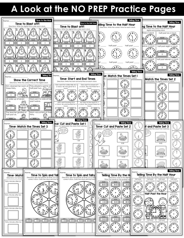 Practice Pages for Time to the Half Hour Time Practice Sheets- Teaching time to the half hour in First Grade is be fun and engaging with these hands-on math centers and practice sheets for 1st Grade!
