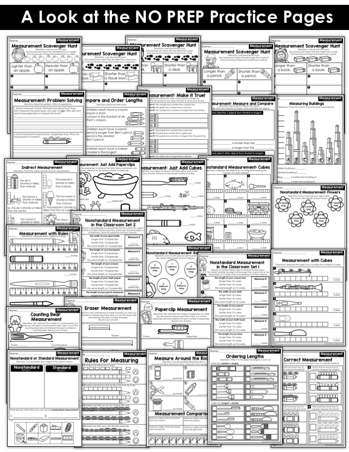 Practice worksheets to teach measuring in first grade NO PREP Practice Pages- TONS of fun, hands-on math centers and worksheets to teach first grade students how to measure!
