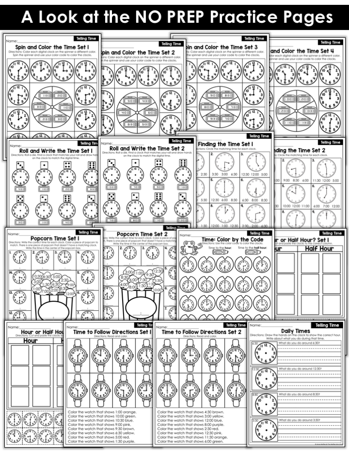 Time to the Half Hour Worksheets Time Worksheets- Teaching time to the half hour in First Grade is be fun and engaging with these hands-on math centers and practice sheets for 1st Grade!