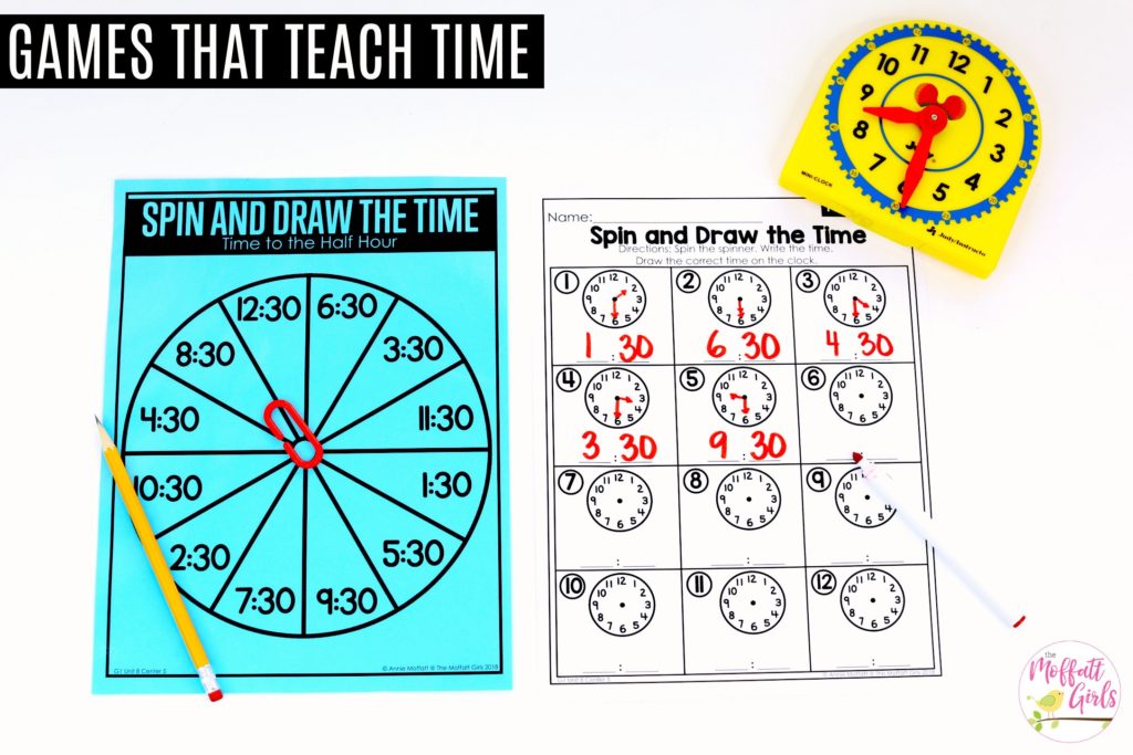 Spin and Draw the Time math game Spin and Draw the Time- Teaching time to the half hour in First Grade is be fun and engaging with these hands-on math centers and practice sheets for 1st Grade!