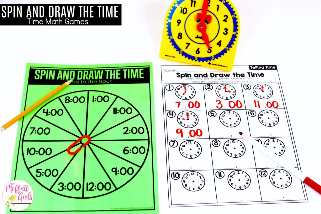 Spin and Draw the Time on the Clocks math center Spin and Draw the Time- Teaching time to the half hour in First Grade is be fun and engaging with these hands-on math centers and practice sheets!