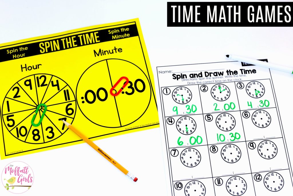 Spin the Time to the Half Hour Spin the Time to the Half Hour- Teaching time to the half hour in First Grade is be fun and engaging with these hands-on math centers and practice sheets for 1st Grade!