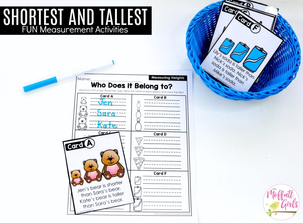 Comparing Heights math center for 1st grade Comparing Heights- shortest to tallest. TONS of fun, hands-on math centers and worksheets to teach first grade students how to measure!