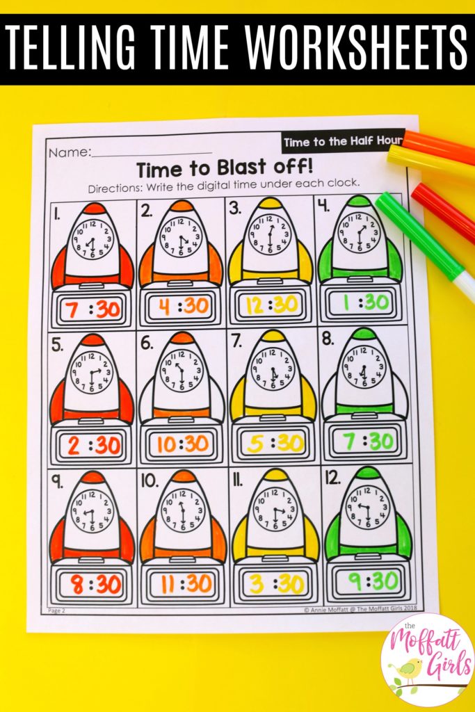 Telling Time Worksheets Telling Time Worksheets- Teaching time to the half hour in First Grade is be fun and engaging with these hands-on math centers and practice sheets for 1st Grade!