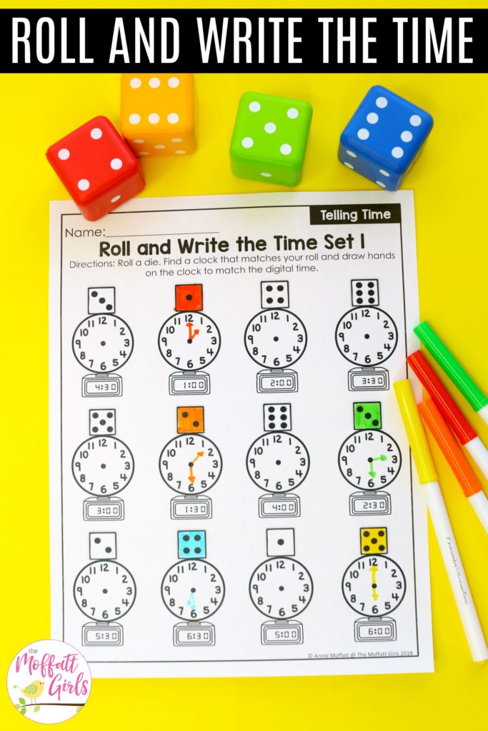 Roll and Write the Time Worksheet Telling Time Worksheets- Teaching time to the half hour in First Grade is be fun and engaging with these hands-on math centers and practice sheets for 1st Grade!