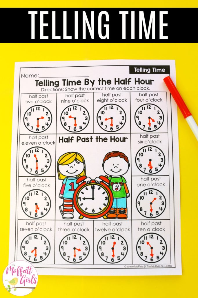 Telling Time by the Half Hour Worksheet Telling Time Worksheets- Teaching time to the half hour in First Grade is be fun and engaging with these hands-on math centers and practice sheets for 1st Grade!