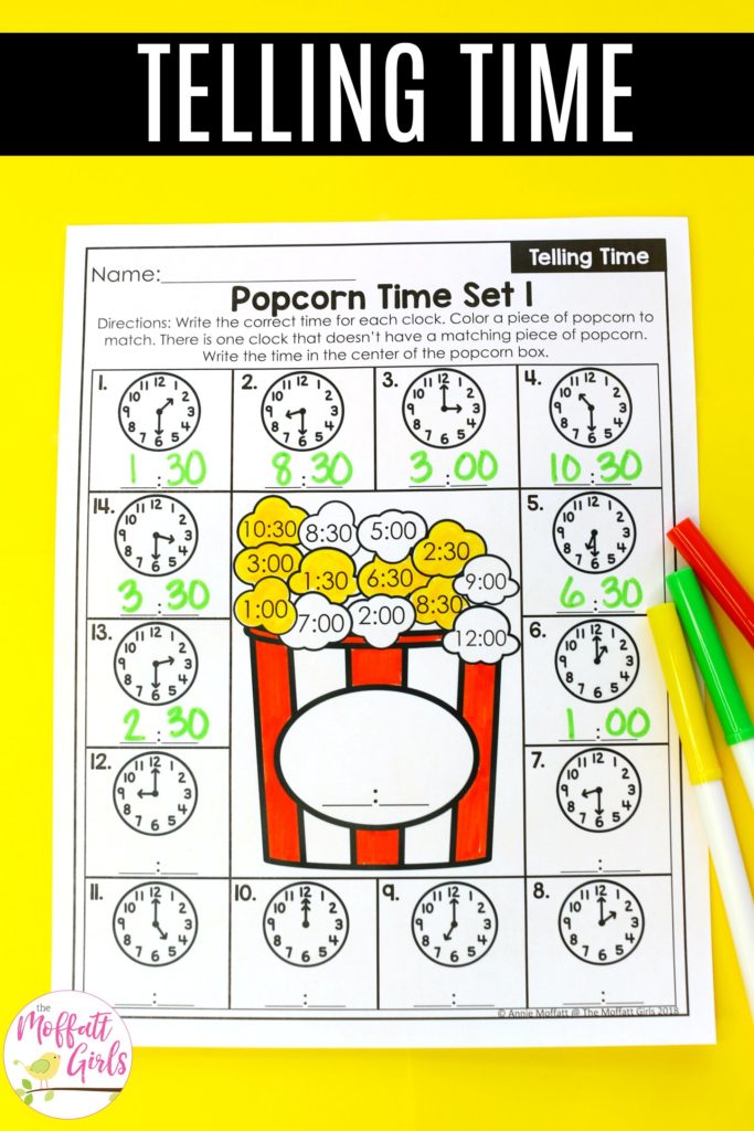 Popcorn Time Worksheet Telling Time Worksheets- Teaching time to the half hour in First Grade is be fun and engaging with these hands-on math centers and practice sheets for 1st Grade!