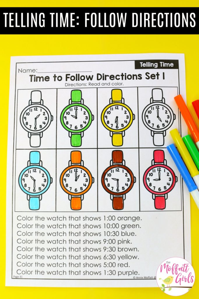 Time to Follow Directions- Clock worksheet Telling Time Worksheets- Teaching time to the half hour in First Grade is be fun and engaging with these hands-on math centers and practice sheets for 1st Grade!