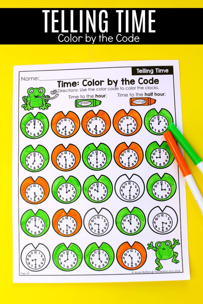 Telling Time- Color by the Code Worksheet Telling Time Worksheets- Color by the Code. Teaching time to the half hour in First Grade is be fun and engaging with these hands-on math centers and practice sheets for 1st Grade!