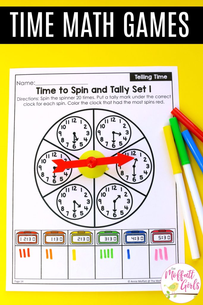 Time Math Game Worksheets Telling Time Worksheets- Teaching time to the half hour in First Grade is be fun and engaging with these hands-on math centers and practice sheets for 1st Grade!