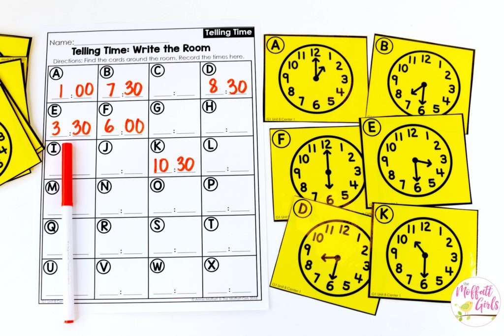 Telling Time: Write the Room Telling Time: Write the Room. Teaching time to the half hour in First Grade is be fun and engaging with these hands-on math centers and practice sheets!