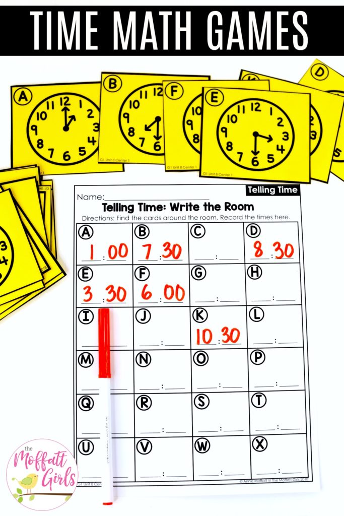 Write the Room: Telling Time Telling Time: Write the Room. Teaching time to the half hour in First Grade is be fun and engaging with these hands-on math centers and practice sheets!