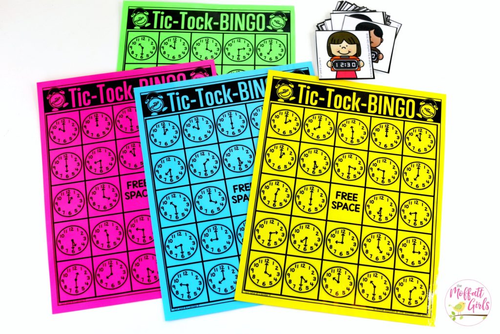 Bingo- Time to the Half Hour Tic Tock Bingo- Teaching time to the half hour in First Grade is be fun and engaging with these hands-on math centers and practice sheets for 1st Grade!