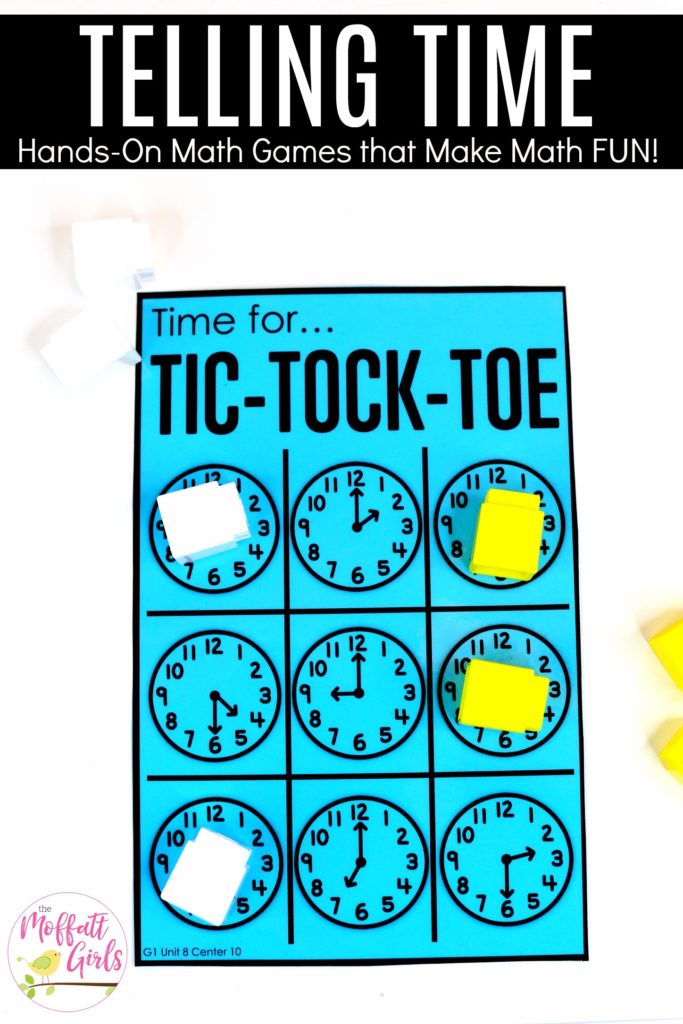 Time to the Half Hour Tic-Tac-Toe game Tic-Tock-Toe, three in a row- Teaching time to the half hour in First Grade is be fun and engaging with these hands-on math centers and practice sheets for 1st Grade!