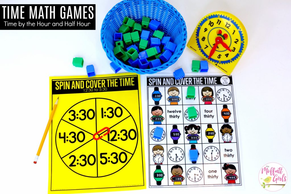 Spin and Cover the Time Math Center Spin and Cover the Time- Teaching time to the half hour in First Grade is be fun and engaging with these hands-on math centers and practice sheets for 1st Grade!