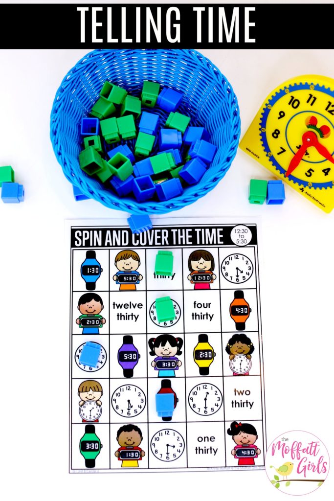 Spin and Cover the Time Math Game Spin and Cover the Time- Teaching time to the half hour in First Grade is be fun and engaging with these hands-on math centers and practice sheets for 1st Grade!