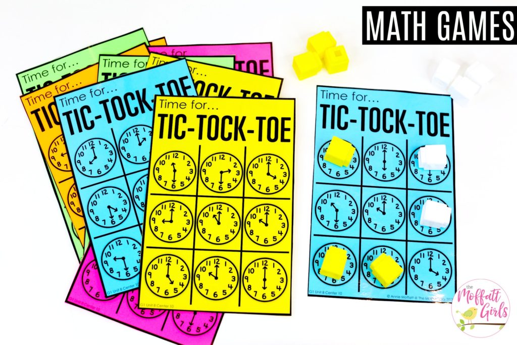 Tic-Tac-Toe Clock Game Tic-Tock-Toe, three in a row- Teaching time to the half hour in First Grade is be fun and engaging with these hands-on math centers and practice sheets for 1st Grade!