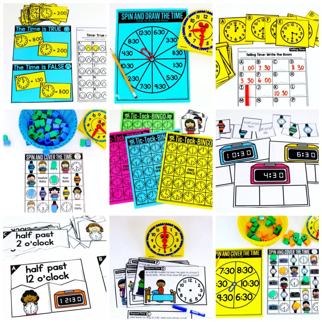 Telling time to the half hour Teaching time to the half hour in First Grade is be fun and engaging with these hands-on math centers and practice sheets!