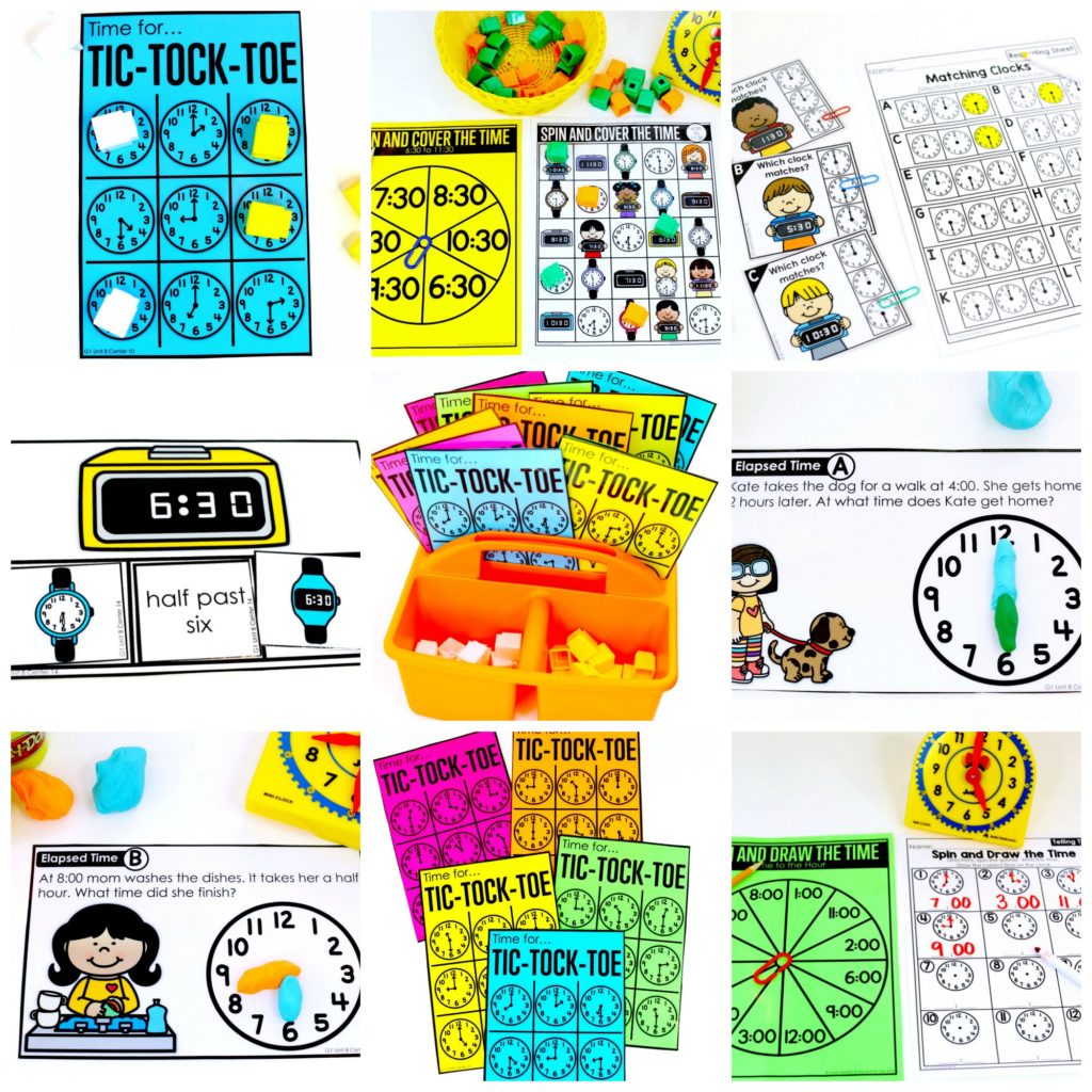 Telling time math centers Teaching time to the half hour in First Grade is be fun and engaging with these hands-on math centers and practice sheets!
