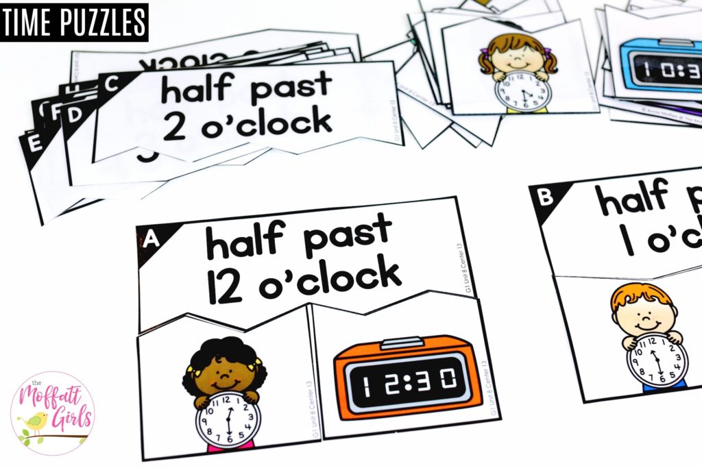 Teaching time with time puzzles Time Puzzles- Teaching time to the half hour in First Grade is be fun and engaging with these hands-on math centers and practice sheets for 1st Grade!
