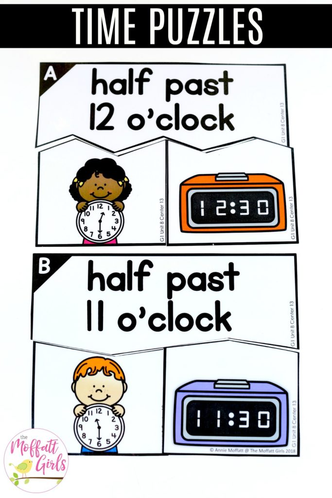 Time Puzzles to teach time to the half hour Time Puzzles- Teaching time to the half hour in First Grade is be fun and engaging with these hands-on math centers and practice sheets for 1st Grade!