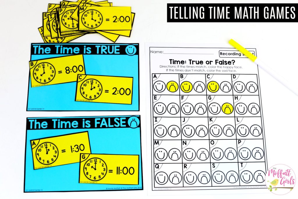 Telling Time Math Center: True or False? Telling Time: True or False? Teaching time to the half hour in First Grade is be fun and engaging with these hands-on math centers and practice sheets for 1st Grade!