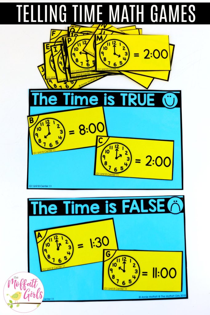 Telling Time- True or False? Telling Time: True or False? Teaching time to the half hour in First Grade is be fun and engaging with these hands-on math centers and practice sheets for 1st Grade!