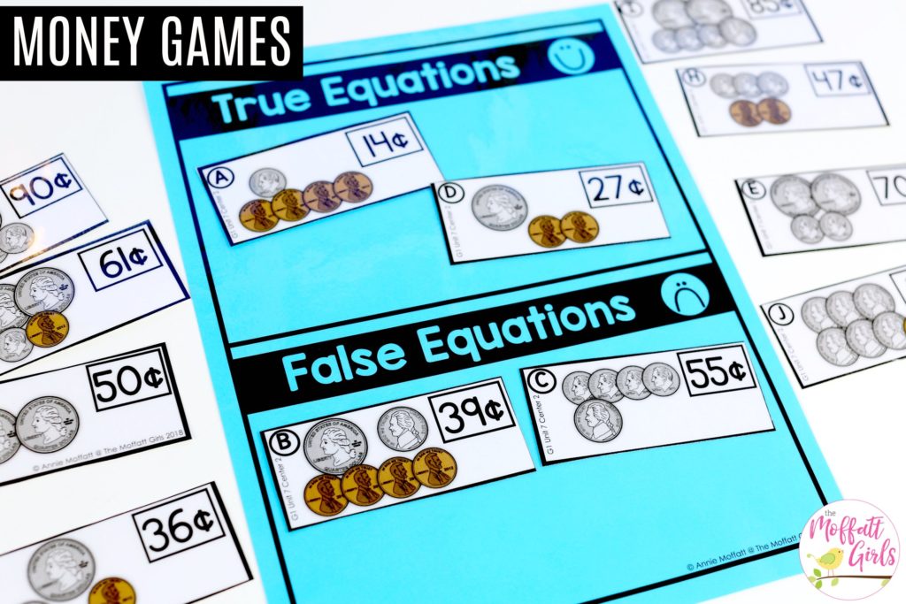 Coins True or False Math Center Money- True or False? Count up the coins and decide if the written value is true or false. Fun 1st grade math center!