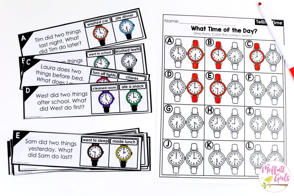 Time to the half hour math centers Which Watch? Teaching time to the half hour in First Grade is be fun and engaging with these hands-on math centers and practice sheets!