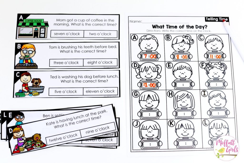 What Time of the Day Math Center What Time of the Day? Teaching time to the half hour in First Grade is be fun and engaging with these hands-on math centers and practice sheets!