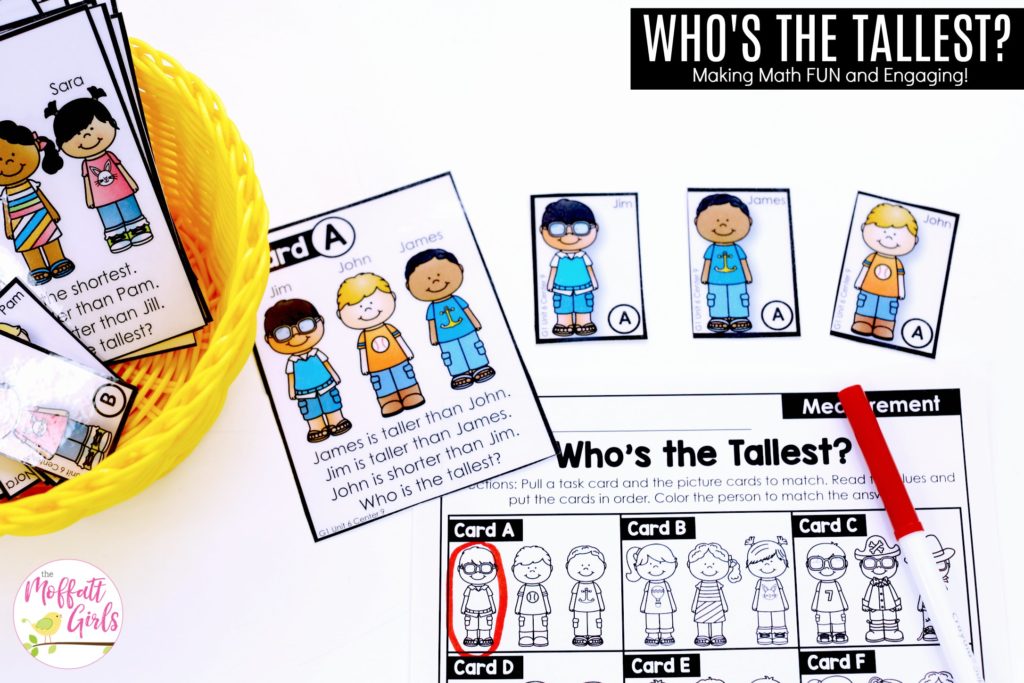 Who's the Tallest? Height comparison math center for 1st Grade Who's the Tallest? Comparing heights- TONS of fun, hands-on math centers and worksheets to teach first grade students how to measure!
