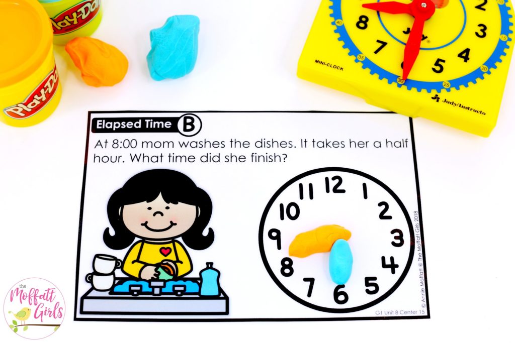 Elapsed Time Word Problems Elapsed Time Word Problems- Teaching time to the half hour in First Grade is be fun and engaging with these hands-on math centers and practice sheets for 1st Grade!
