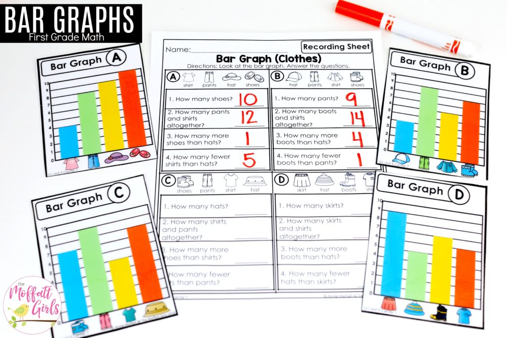 Bar Graphs- Comparing 4 Categories in First Grade Teaching about Bar Graphs in 1st Grade with fun hands-on math centers! Graphs and data made fun!