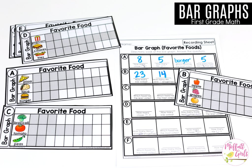Bar Graphs to teach data in First Grade Teaching about Bar Graphs in 1st Grade with fun hands-on math centers! Graphs and data made fun!