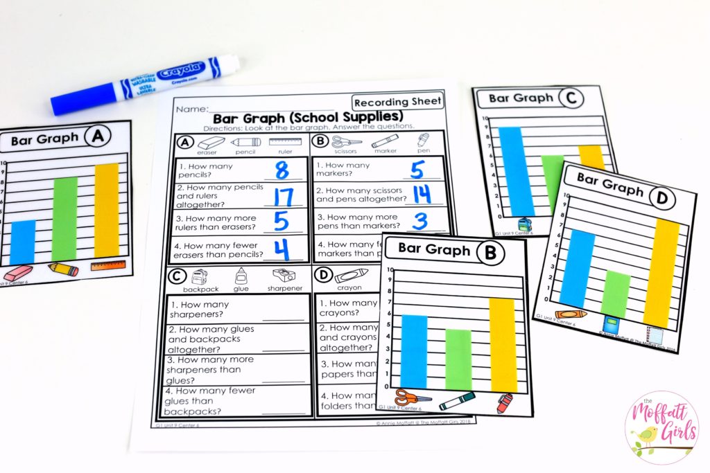 Bar Graphs- Comparing 3 Categories Teaching about Bar Graphs in 1st Grade with fun hands-on math centers! Graphs and data made fun!