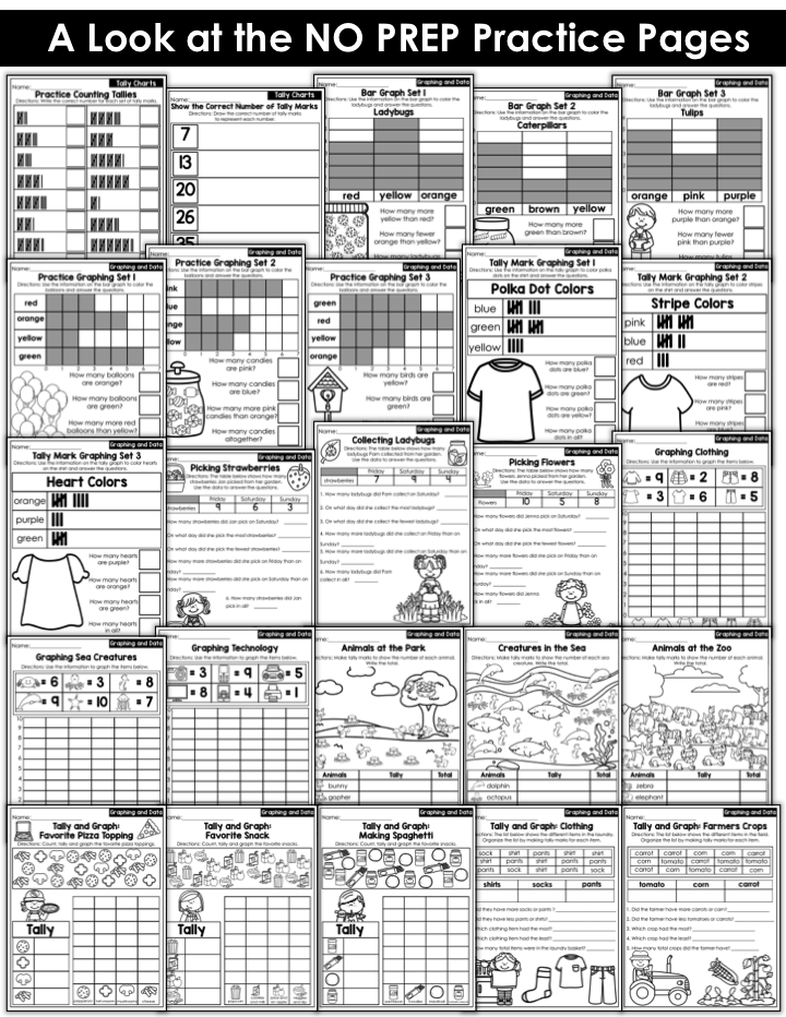 Practice pages for graphing and data in first grade TONS of NO PREP Pages to practice graphing and data in First Grade!
