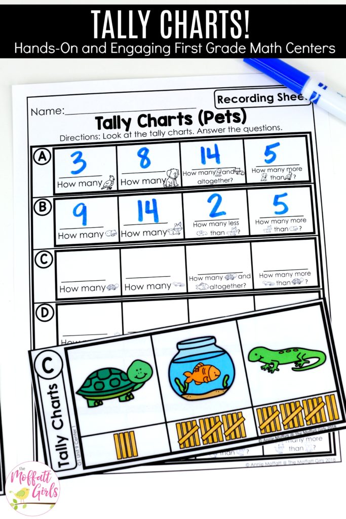 Tally Charts to teach Graphs and Data in 1st Grade Teaching about Tally Charts in 1st Grade with fun hands-on math centers! Graphs and data made fun!