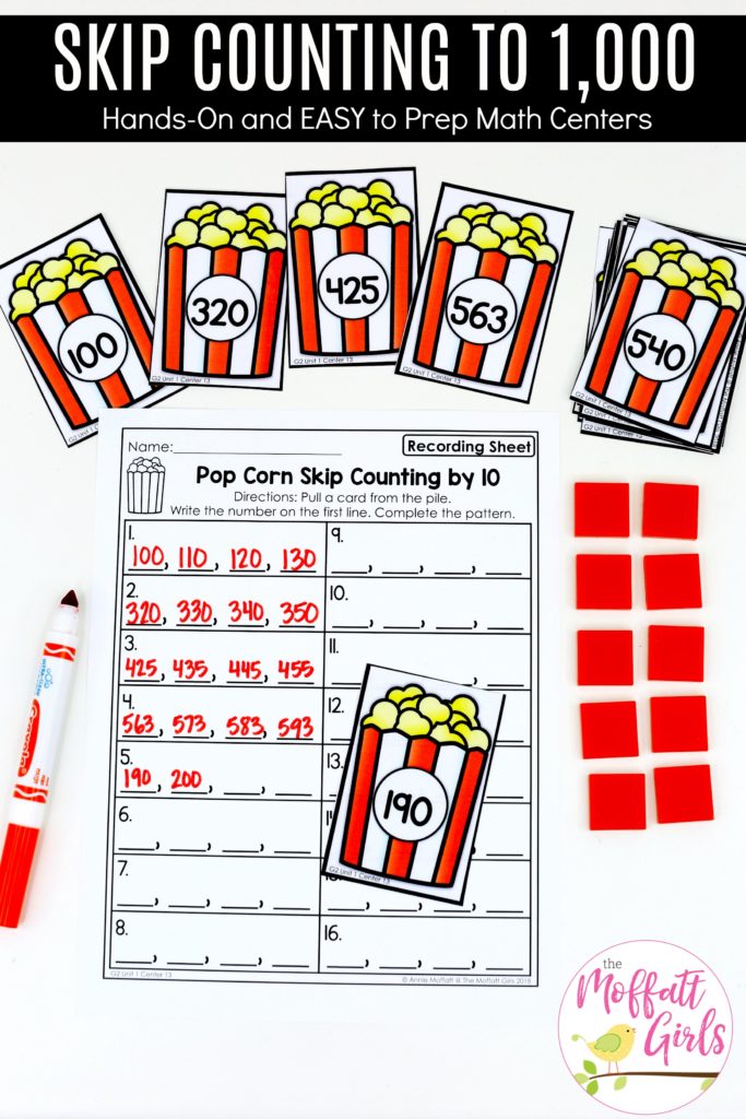 Popcorn Skip Counting by 10s. Fun math center for 2nd grade to teach number sense up to 1,000.