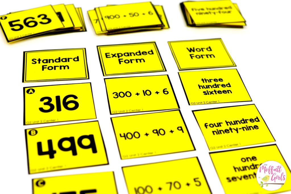 Place Value Matching- Match the standard form, expanded form and word form for each number. Tons of fun place value math centers for 2nd Grade!