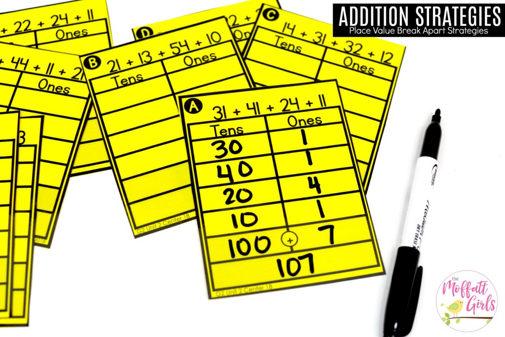 Addition Strategies- Break it up and add it. Break the numbers down into tens and ones, then add the total. Fun math centers to teach place value in Second Grade!