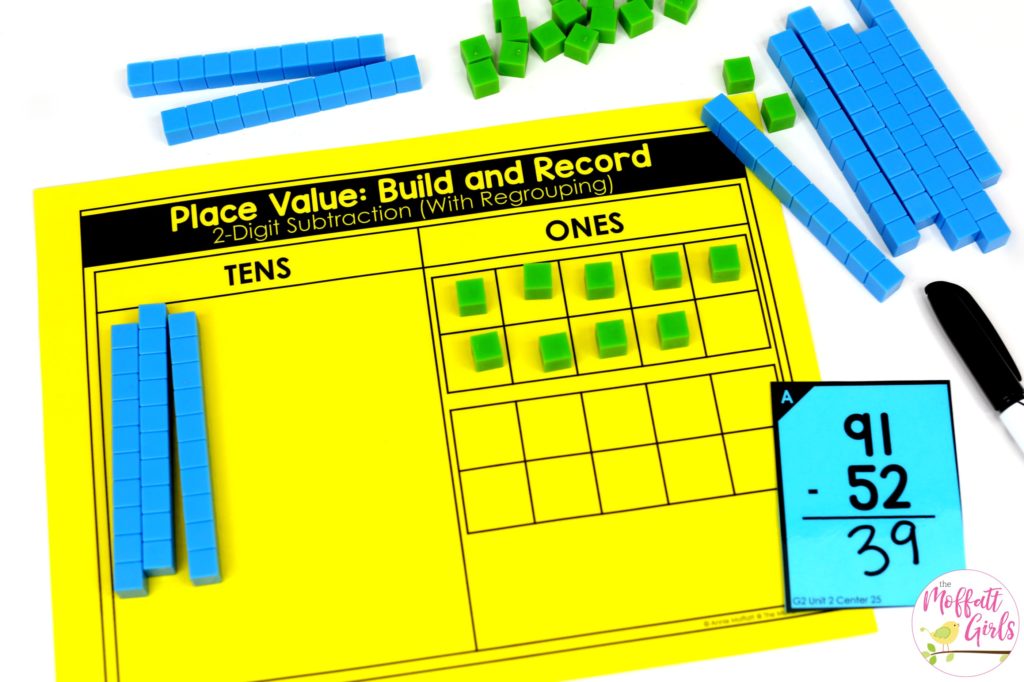 Hands-on Subtraction: Place Value Build and Record with base ten blocks. Fun math centers to teach place value in Second Grade!