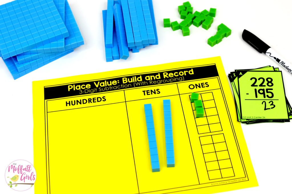 Hands-on Subtraction: Place Value Build and Record with base ten blocks. Fun math centers to teach place value in Second Grade!