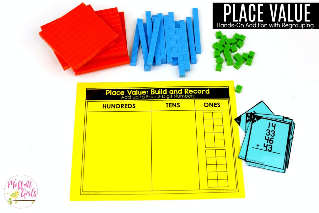 Hands-on Addition: Place Value Build and Record with base ten blocks. Fun math centers to teach place value in Second Grade!
