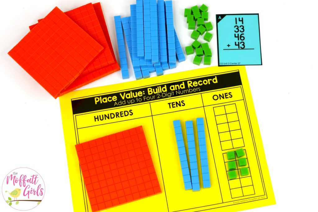 Hands-on Addition: Place Value Build and Record with base ten blocks. Fun math centers to teach place value in Second Grade!