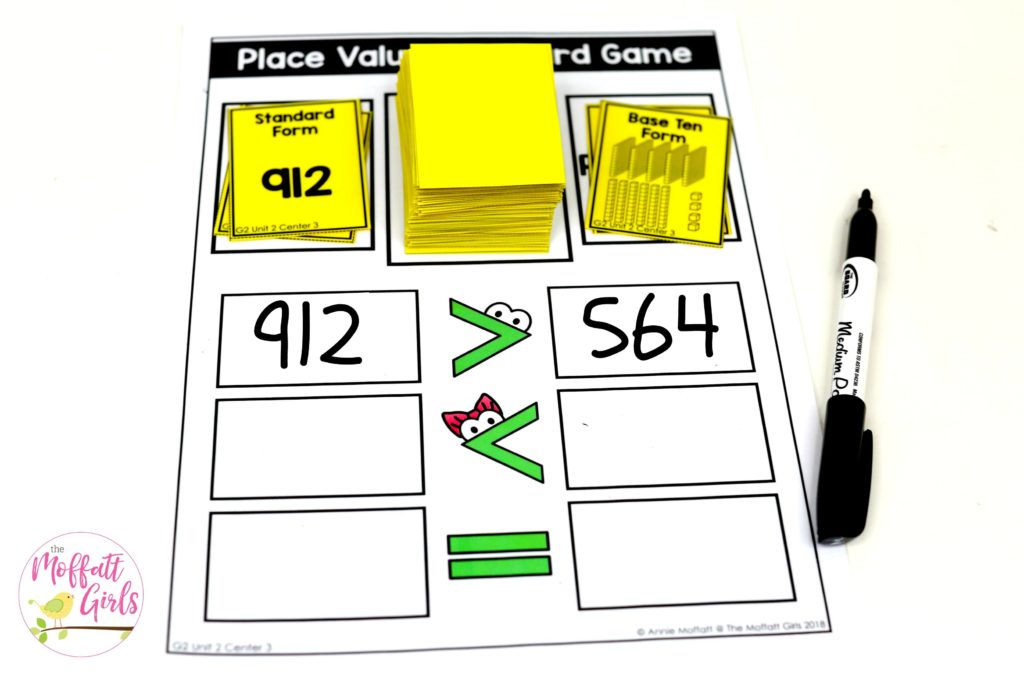 Place Value War Game- Flip a card, read or count the value and compare the numbers. Tons of fun math centers to teach place value in Second Grade!